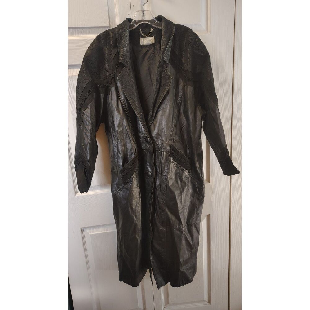 Vtg Maggie Lawrence Black 100% Leather Trench Coat Jacket L Russian Brocade 80s